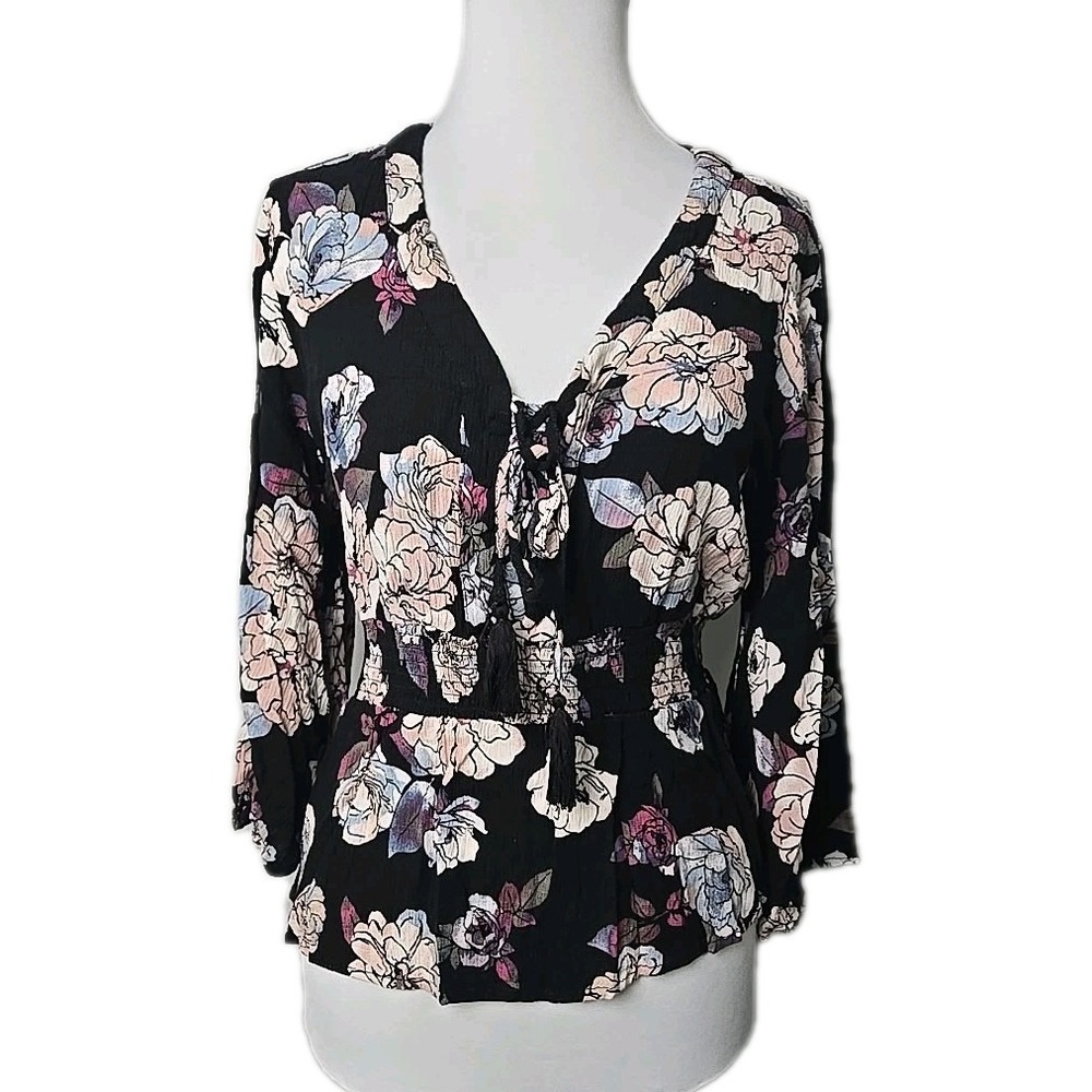 American Rag Black Floral Gauzy Rayon Corset Front Smocked Top Large